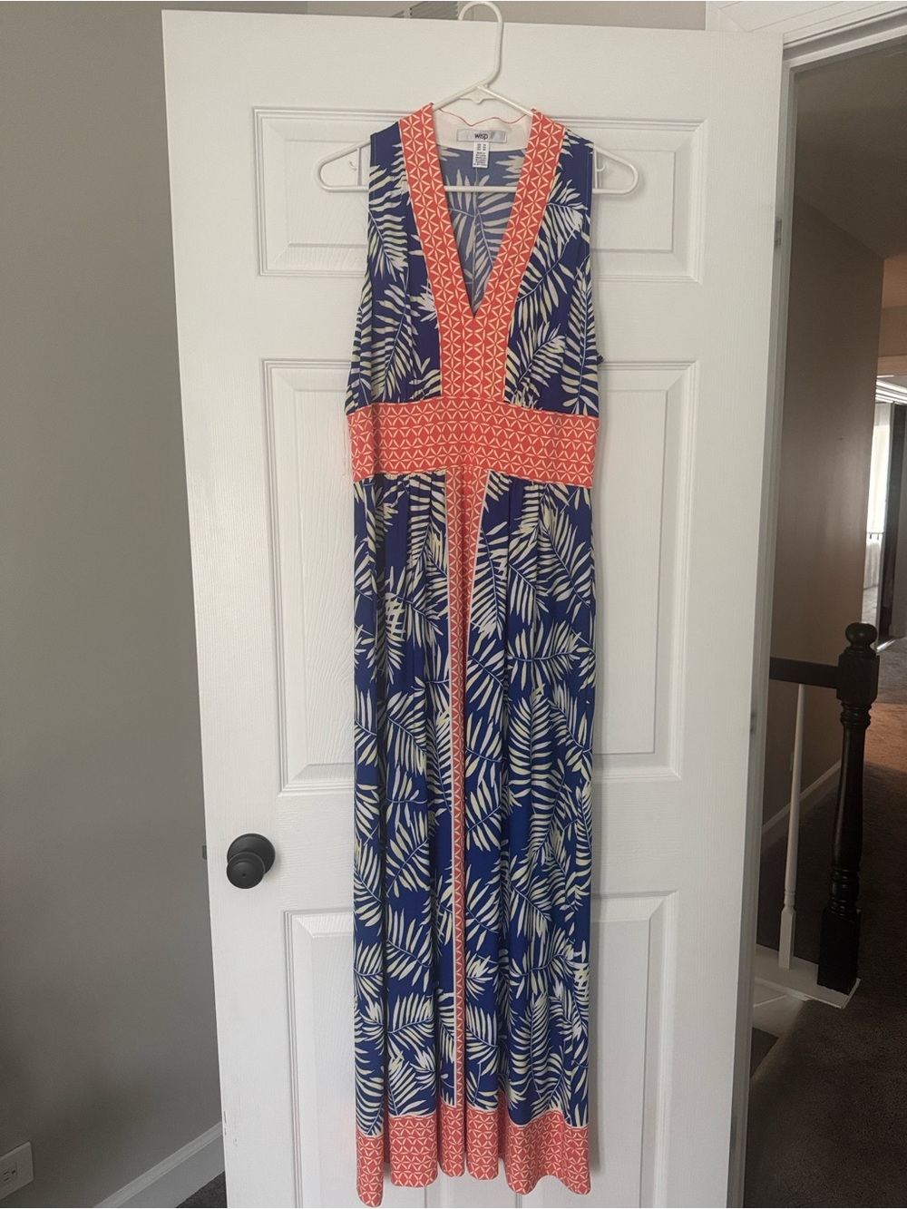 Navy Palm-Print Maxi Dress with Coral Trim